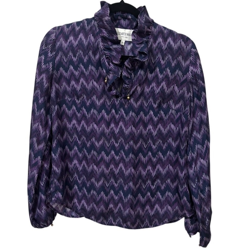 Elizabeth McKay New York Blue and Purple Ruffled‎ Collar Blouse 100% Silk